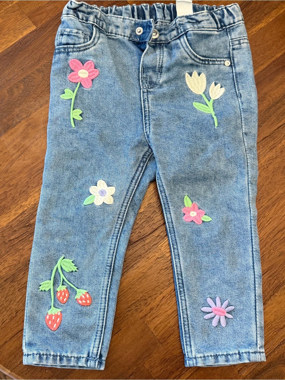 H&M Light Blue Denim Jeans with Floral & Strawberry Appliqués